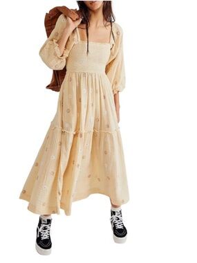 Free People Dahlia Smocked Maxi Dress with Floral Embroidery